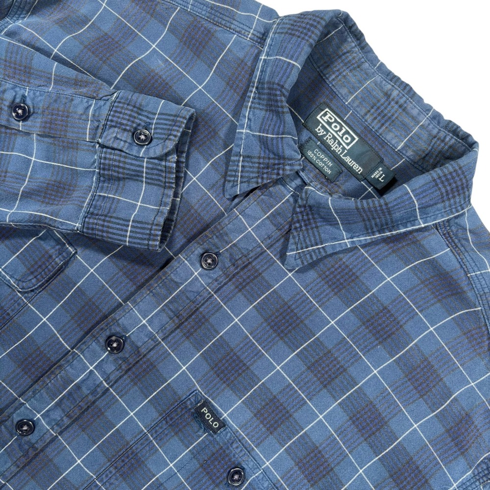 Vintage 90s Polo Ralph Lauren Work Shirt Mens L Blue Plaid Throat Latch Pockets